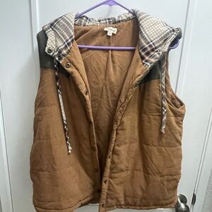 Hem & Thread Tan Quilted Vest with Plaid Lining